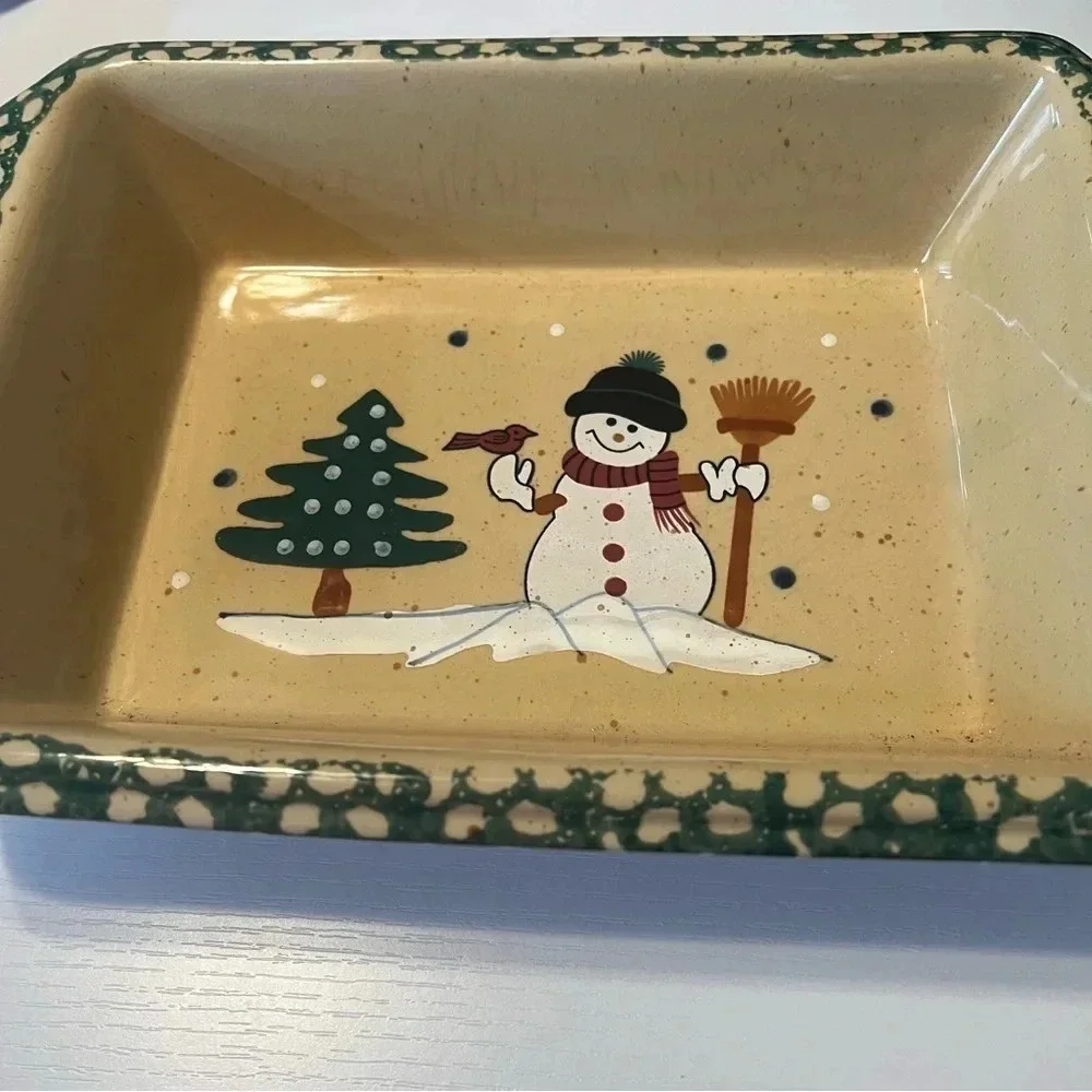 Vintage Casserole‎ Dish Country Snowman Stoneware Spongeware Bakeware
